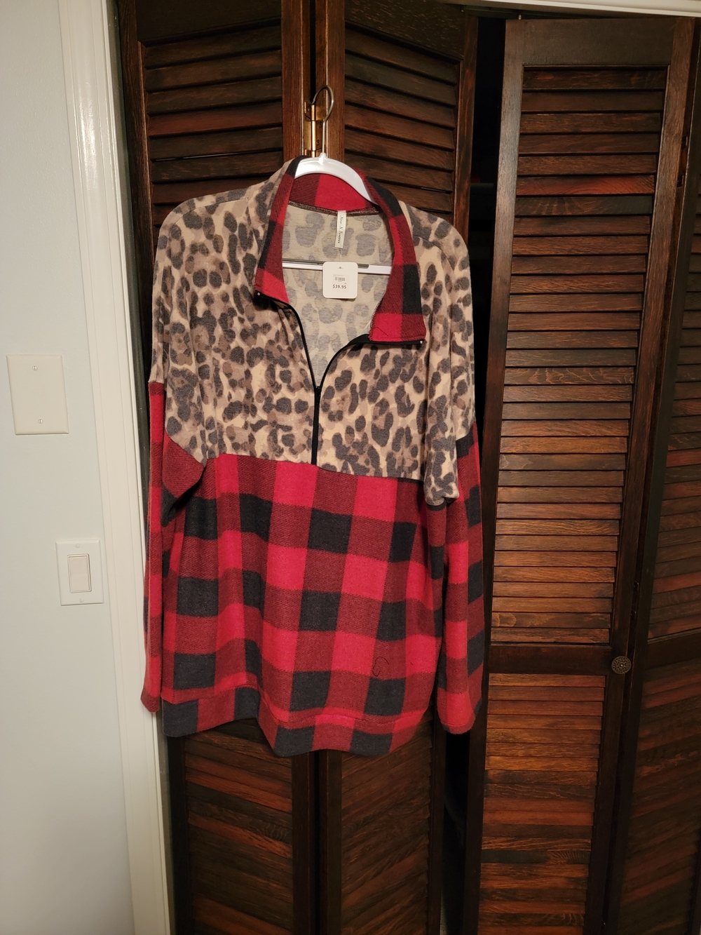 Red & Gray Leopard‑Plaid Quarter‑Zip Pullover